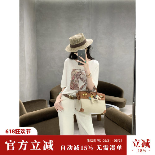 Sun雅乔【小马T】夏季薄上衣圆领轻奢骏马烫钻天丝长袖宽松T恤女
