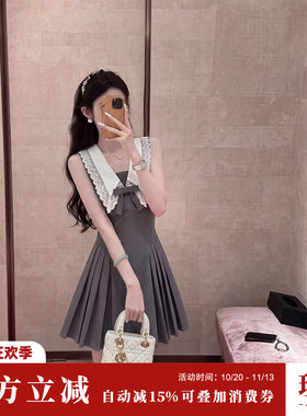 Sun雅乔【圣西尔】夏季无袖大翻领减龄蕾丝蝴蝶结收腰百褶连衣裙