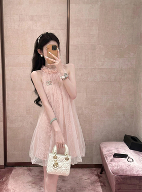 Sun雅乔【粉桃奶昔】夏季新款甜美亮片蕾丝网纱拼接挂脖式花苞裙