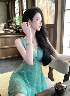 Sun雅乔【水中影】夏季新款法式复古减龄波点裙V领蕾丝边连衣裙