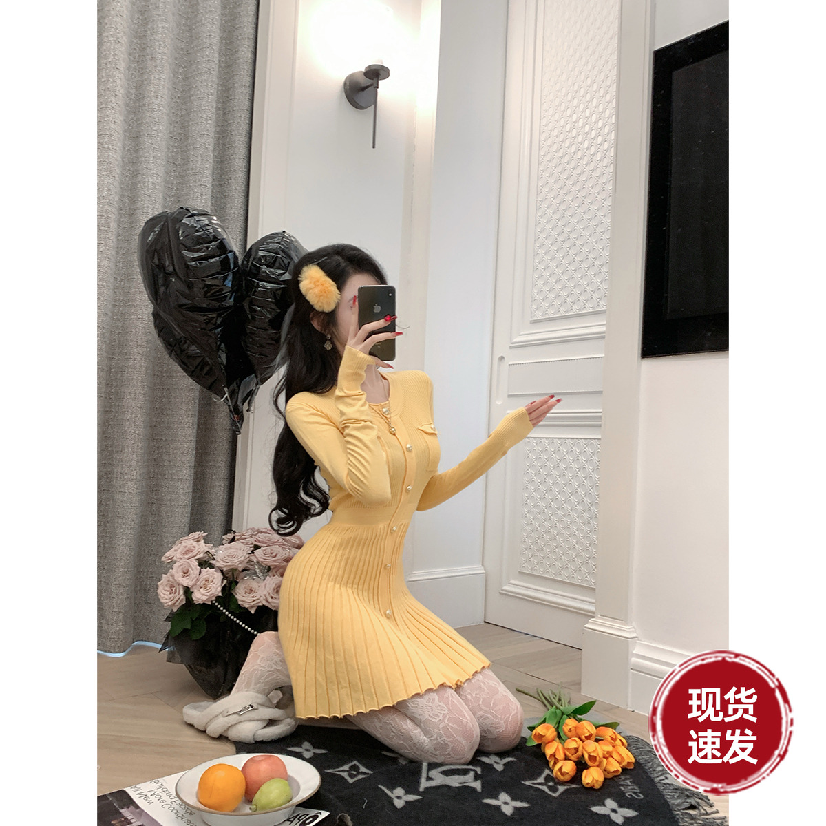 雅乔【爱丁堡系列】春冬新款千金风多色圆领百褶小香针织连衣短裙