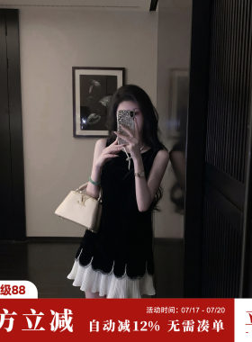 Sun雅乔【昼与夜】夏季千金感波浪下摆珠片绣轻薄丝绒短连衣裙子