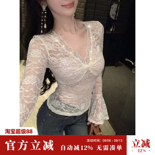 Sun雅乔【白昼永夜】秋冬新款打底衫V领浮雕花卉蕾丝长袖扭结上衣
