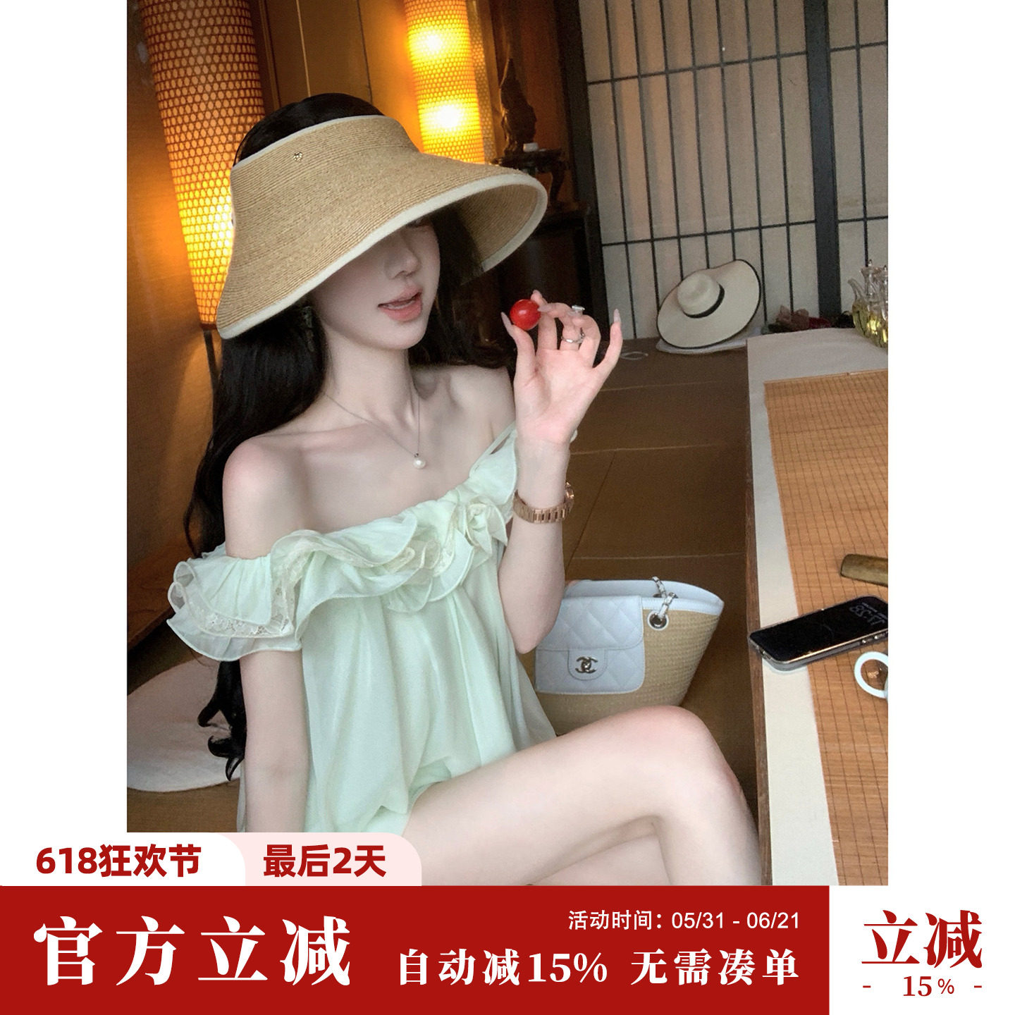 Sun雅乔【等风来】夏季娃娃衫蕾丝荷叶边一字肩花苞吊带上衣女 - 实物图