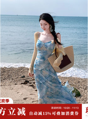 Sun雅乔【夏日海浪】蓝色晕染小雏菊雪纺吊带连衣裙