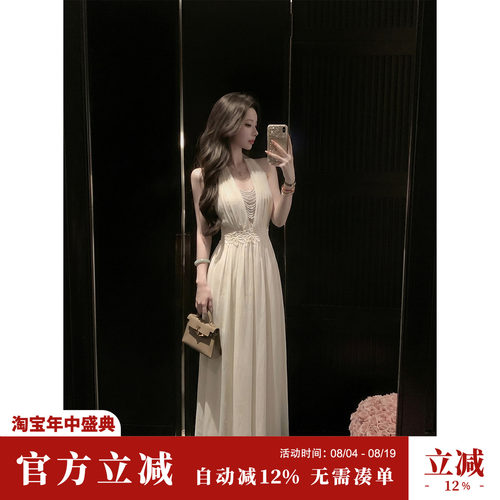 Sun雅乔【只如初见】夏季清冷感白月光V领蕾丝无袖挂脖打揽连衣裙