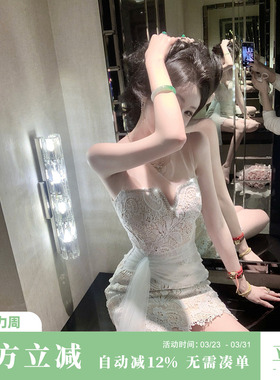 Sun雅乔【邂逅】高级感重工水溶蕾丝网纱拼接连衣裙