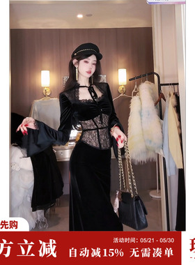 Sun雅乔 春冬高级感显瘦贵气直筒裙百搭黑色丝绒半身裙长裙子