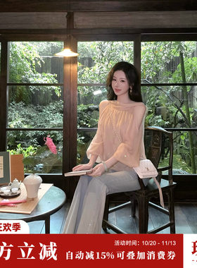 Sun雅乔【微露香肩】夏季长袖飘带烫钻挖肩灯笼袖宽松雪纺衫上衣