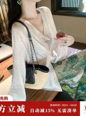 Sun雅乔【山长水阔】夏衬衫长袖交叉扭结高级肌理感醋酸薄上衣女
