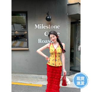 Sun雅乔 甜美百搭黄色胸前系带V领收腰提花刺绣上衣 漫时光 夏季