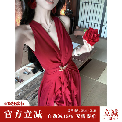 Sun雅乔【波尔多之夜】夏季无袖辣妹红色V领挂脖荷叶边雪纺连衣裙