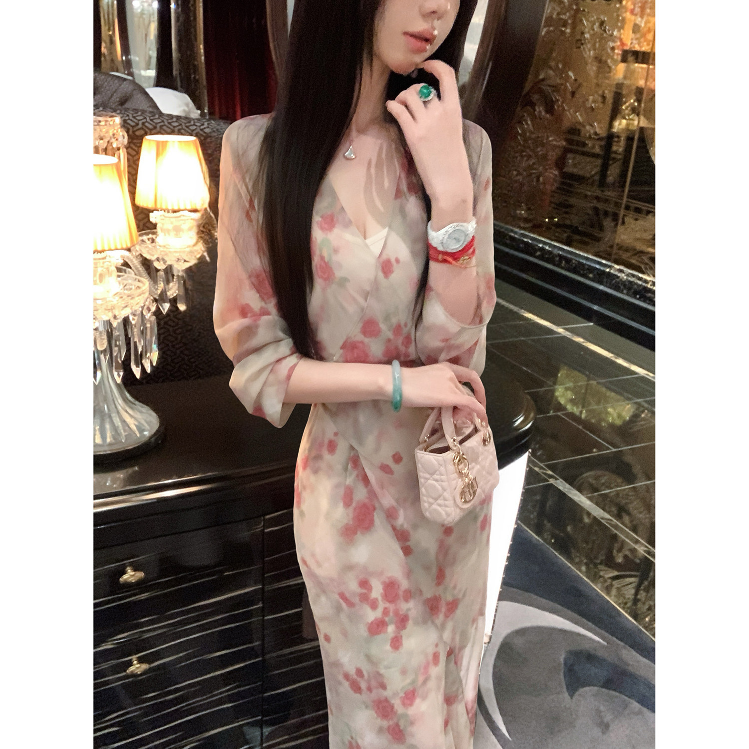Sun雅乔【秋水蔷薇】秋季新款长袖雾里繁花印花V领连衣裙两件套女