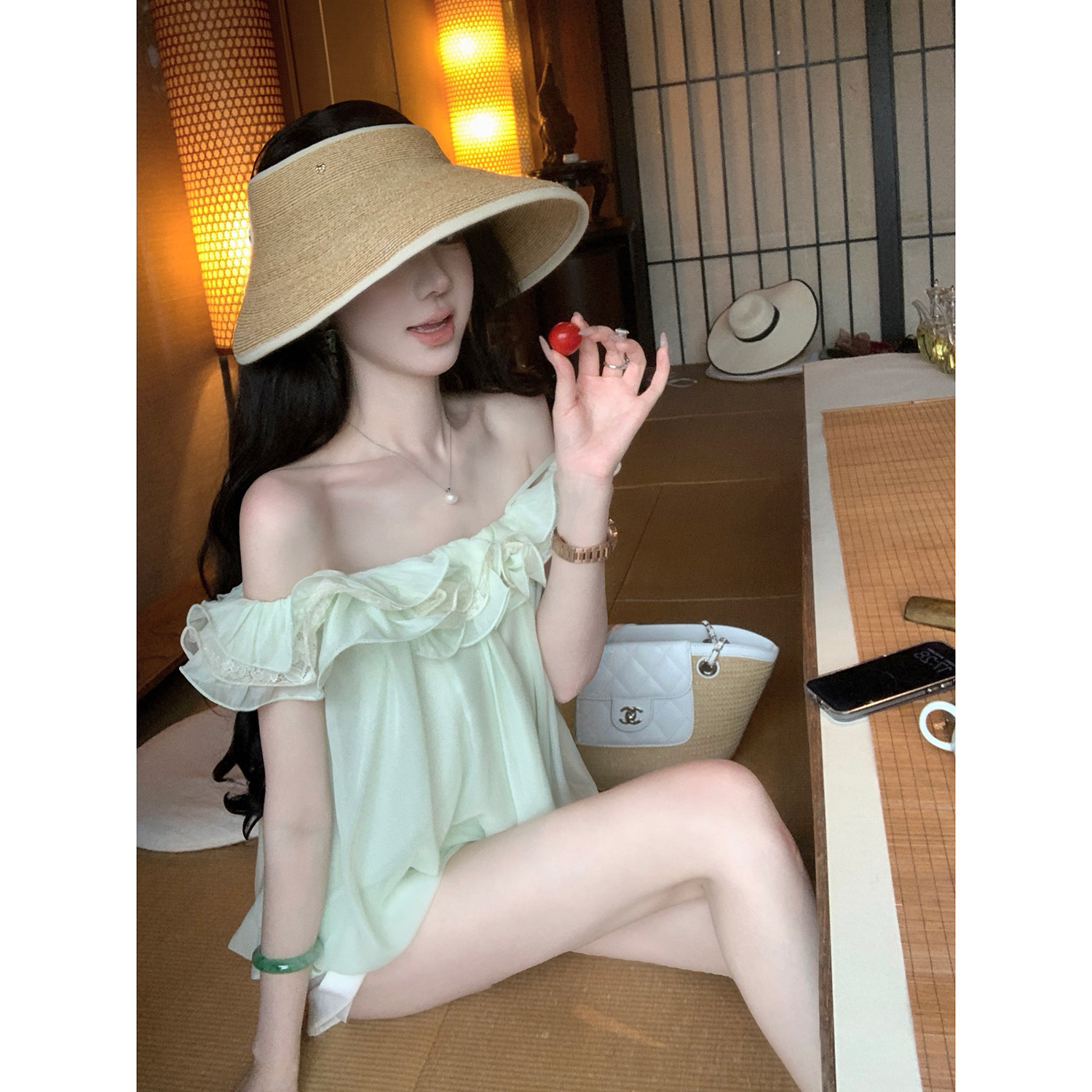 Sun雅乔【等风来】夏季娃娃衫蕾丝荷叶边一字肩花苞吊带上衣女