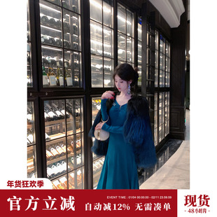 Sun雅乔【华尔兹王妃】春冬网红风V领打底收腰长袖针织长款连衣裙