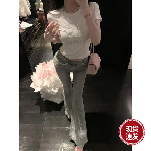 Sun雅乔 夏季新款百搭简约风立体亮片蝴蝶结白色圆领短袖T恤女