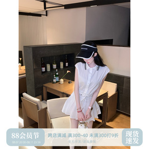 Sun雅乔【元气方糖】学院风白色纯棉无袖衬衣+纯棉百褶短裙套装
