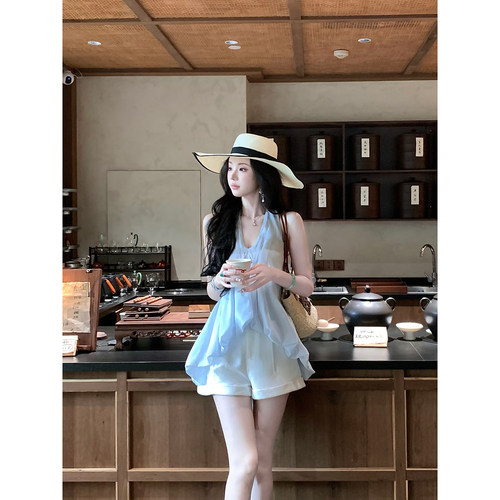 Sun雅乔【浅夏清和】夏季花苞娃娃衫设计感蓝色V领挂脖上衣女