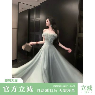 Sun雅乔【青空之境】夏装超仙儿A字立体花朵收腰大摆网纱连衣长裙