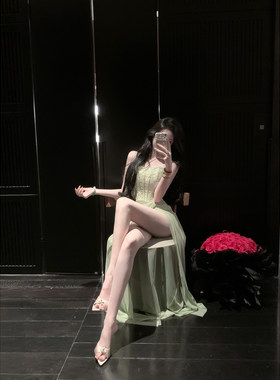 Sun雅乔【雅典娜】夏装巨好看蕾丝网纱鱼骨收腰开衩吊带连衣长裙