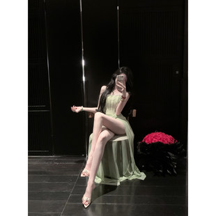 夏装 巨好看蕾丝网纱鱼骨收腰开衩吊带连衣长裙 雅典娜 Sun雅乔