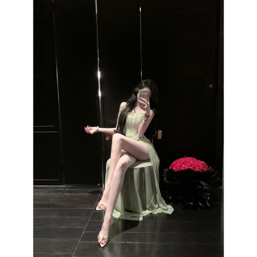 Sun雅乔【雅典娜】夏装巨好看蕾丝网纱鱼骨收腰开衩吊带连衣长裙