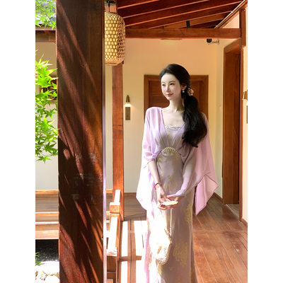 雅乔【广寒仙子】夏季贵气大女主清冷感雪纺七分袖假两件连衣长裙