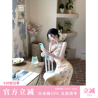 Sun雅乔【橘调午后】夏季无袖扭结V领蕾丝边收腰斜裁鱼尾连衣长裙