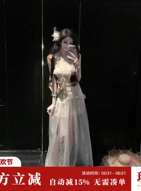 Sun雅乔【清风款款】夏季无袖度假风荷叶边挂脖连衣裙欧根纱长裙