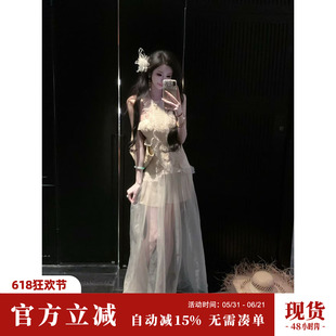 Sun雅乔【清风款款】夏季无袖度假风荷叶边挂脖连衣裙欧根纱长裙