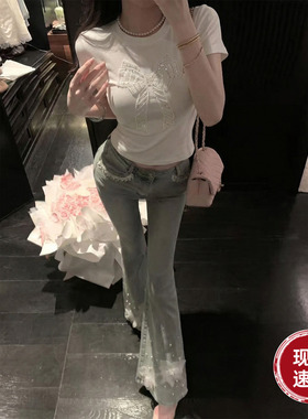 Sun雅乔 夏季新款百搭简约风立体亮片蝴蝶结白色圆领短袖T恤女