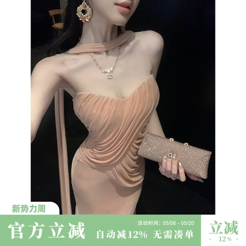 Sun雅乔【维纳斯】夏季抹胸裙手工抽褶弹力网纱挂脖飘带连衣裙