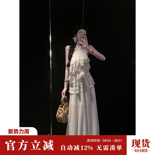 Sun雅乔【白玫瑰】夏装清纯多层荷叶边挂脖白色连衣裙长款礼服裙