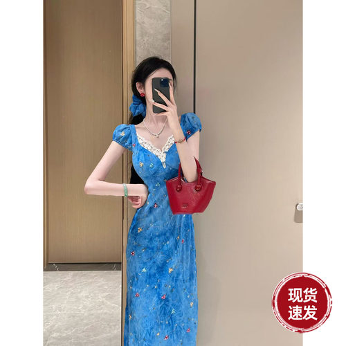 雅乔【卡普里蓝调】夏季雪纺修身绣花短袖荷叶边吊带两穿连衣长裙