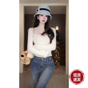 打底衫 秋冬名媛网纱蕾丝拼接毛绒针织长袖 上衣 温柔乡 Sun雅乔