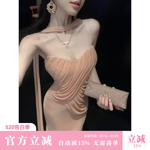 Sun雅乔【维纳斯】夏季抹胸裙手工抽褶弹力网纱挂脖飘带连衣裙