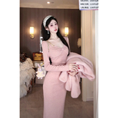 Sun雅乔 连衣裙子 百搭打底V领纯欲收腰长袖 三千金长款 春冬新款