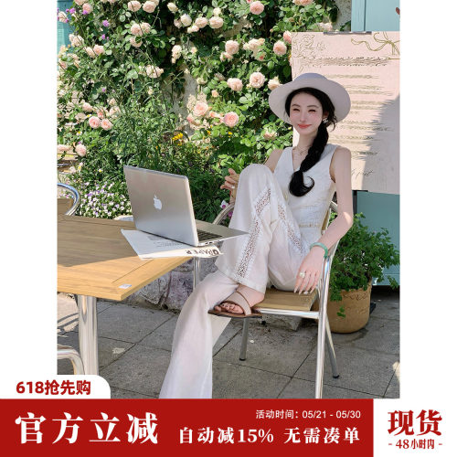 Sun雅乔【新贵女郎】下午无袖通勤亚麻马甲上衣阔腿裤两件套装女