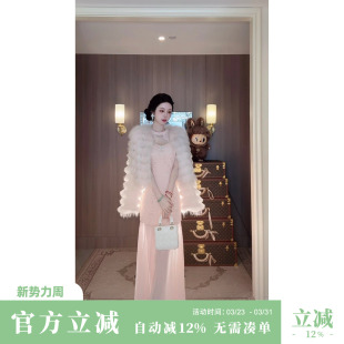 雪纺镂空蕾丝拼接大裙摆无袖 秋冬新款 连衣裙 粉玫蜜茶 Sun雅乔