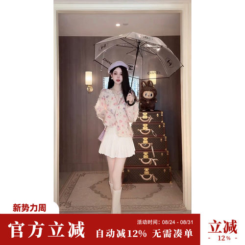 Sun雅乔 早秋新款甜美风白色蕾丝花边蝴蝶结高腰百褶半身裙短裙
