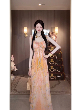 Sun雅乔【驼铃声声】夏季轻薄轻奢高腰真丝碎花吊带桑蚕丝连衣裙