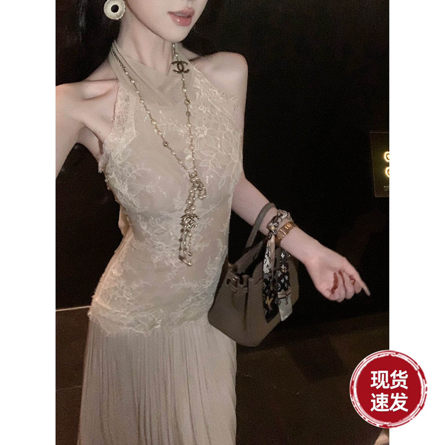 Sun雅乔【以水为名】夏季御姐气质露背无袖立领蕾丝百褶礼服长裙图片