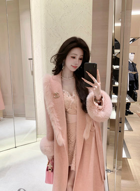 Sun雅乔【书香粉黛】冬装进口粉色狐狸毛领羊绒羊毛长大衣外套女