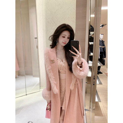 Sun雅乔【书香粉黛】冬装进口粉色狐狸毛领羊绒羊毛长大衣外套女