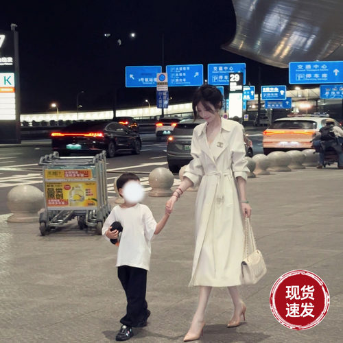 雅乔【匆匆那年】早秋装双排扣宽松长袖时尚中长款白色风衣外套女