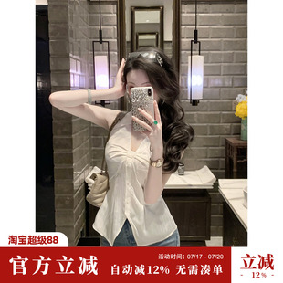 Sun雅乔【白瓷新贵】夏季气质衬衫缎面竖条纹无袖翻领衬衣上衣女