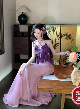 雅乔【松间紫烟】新中式古风水洗皱感纯棉刺绣花紫色吊带上衣夏