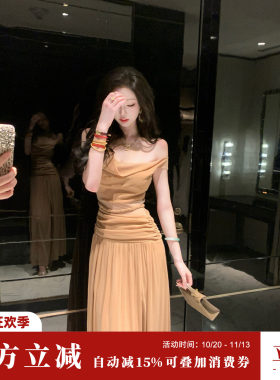 Sun雅乔【灯火阑珊】夏季无袖轻熟风荡领蕾丝花边连衣裙时尚长裙