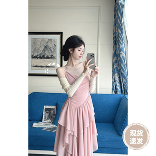 夏季 新款 舞蹈素颜生 Sun雅乔 少女不规则荷叶边粉色吊带连衣裙