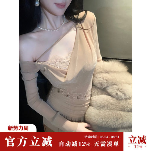 雅乔【香槟晚宴】秋冬设计师干连身裙斜肩荡领不规则长袖连衣裙